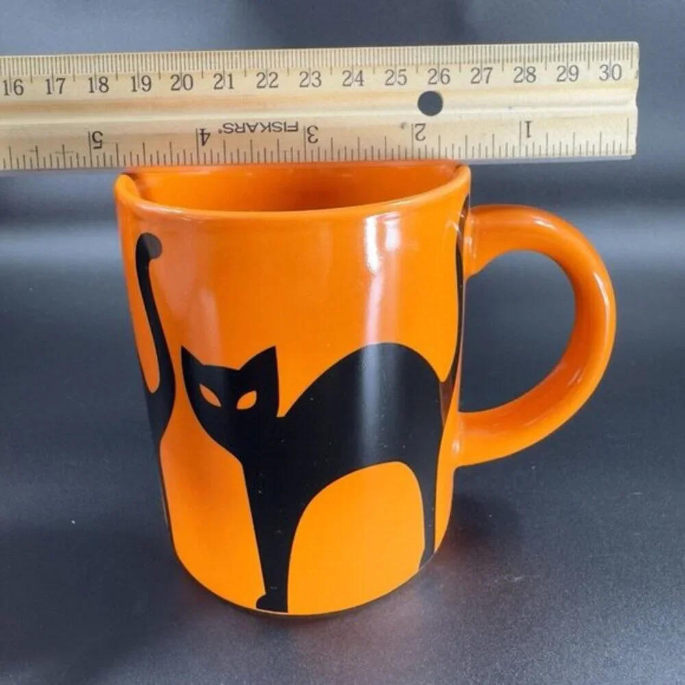 Crate & Barrel Orange Coffee Mug Cup Purple Black Halloween Cats Ceramic Set‎ 2